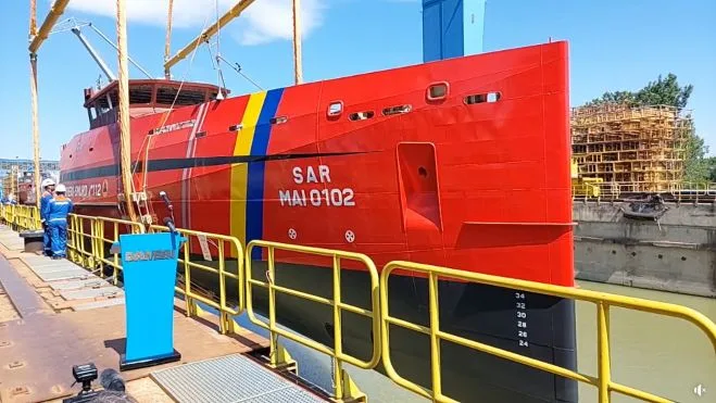 Damen Galați a lansat la apă prima navă multirol construită pentru IGSU