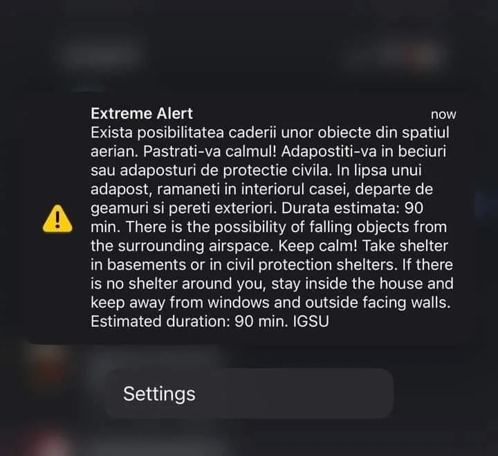Mesaj RO-Alert în Galați și Tulcea: „Există posibilitatea căderii unor obiecte din spațiul aerian”