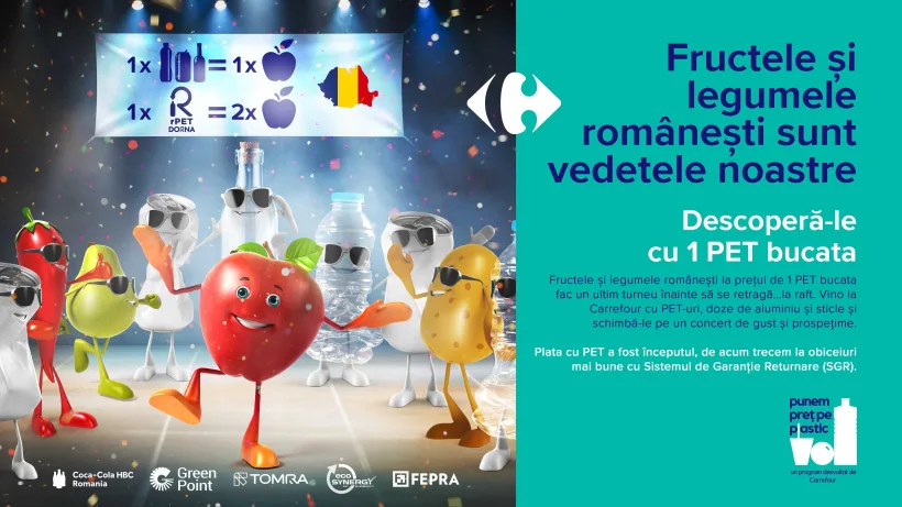 Cumperi fructe și legume românești, plătind cu un PET bucata
