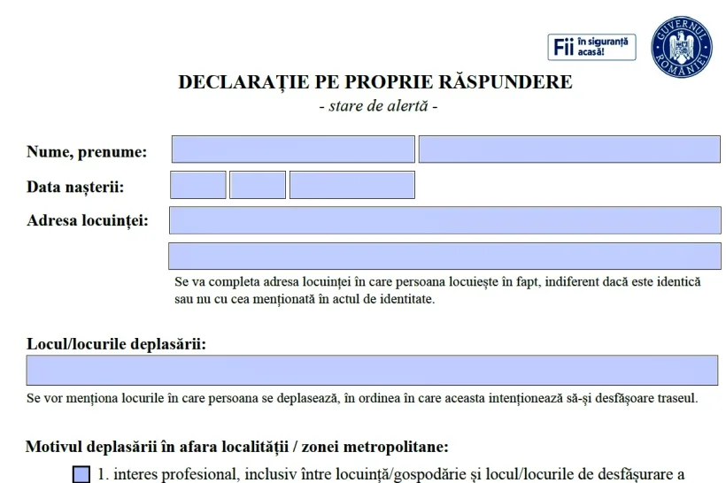 Declarația pe proria răspundere pentru ieșirea din localitate a fost modificată. Descarcă de aici modelul