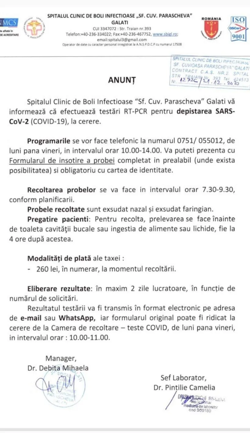 Teste COVID-19, la cerere și contra cost, la Spitalul de Boli Infecțioase din Galați