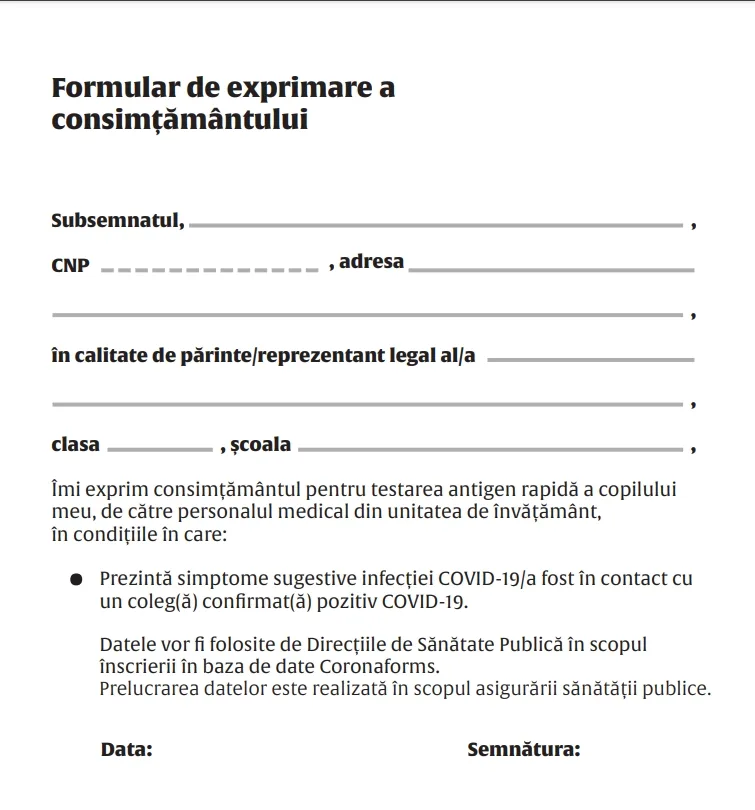 Despre formularul de consimțământ și testarea antigen a copiilor în școli