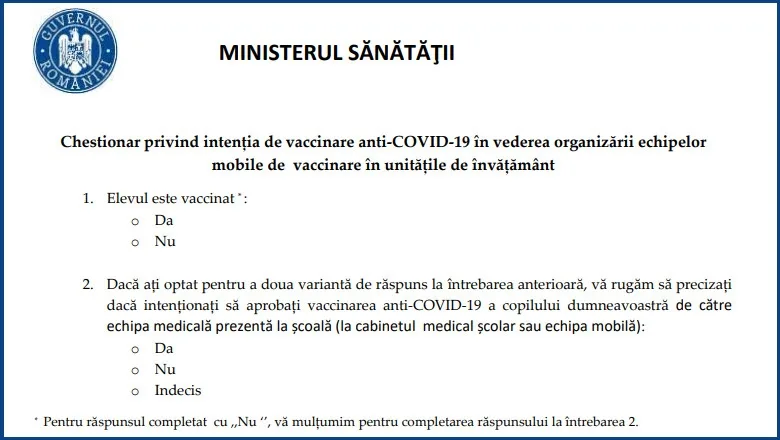 Chestionarul de exprimare a intenției de vaccinare în rândul elevilor minori va fi diseminat prin școli