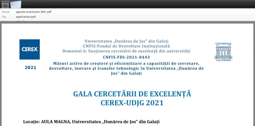 GALA CERCETĂRII DE EXCELENȚĂ LA UNIVERSITATEA „DUNĂREA DE JOS” DIN GALAȚI „CEREX UDJG 2021”